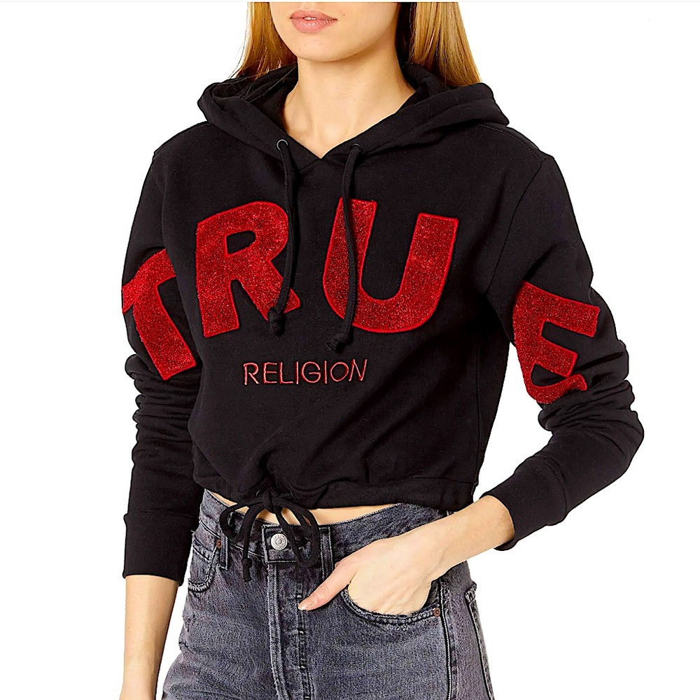 🎉SALE🎉🆕🖤TRUE RELIGION: BLACK/RED Tie Front Pullover Hoodie LARGE $89